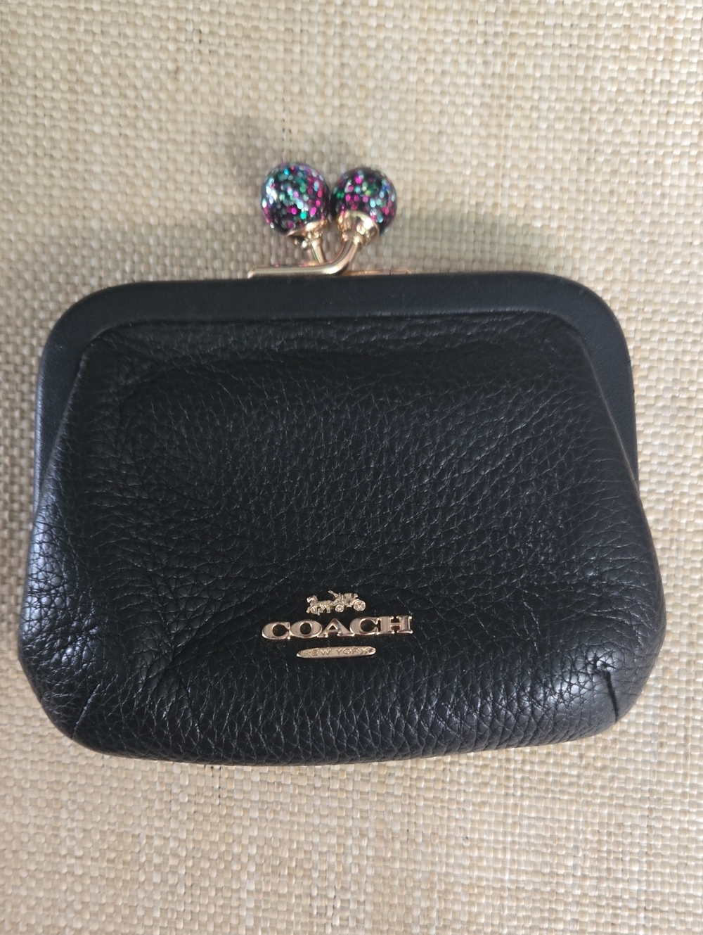 Coach Black Pebbled Leather Kiss-Lock Coin Purse with Multicolor Glitter Kiss - Picture 10 of 11